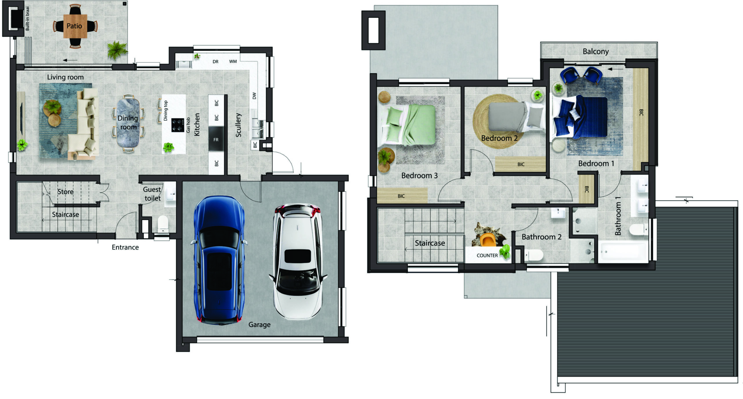 3 bedroom and 2 Bathroom floorplan Waterfall Node